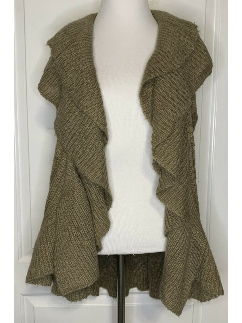 Women's Casual Knit Open Front Cardigan Vest Cozy Layer Brown Khaki Ruffle EUC M